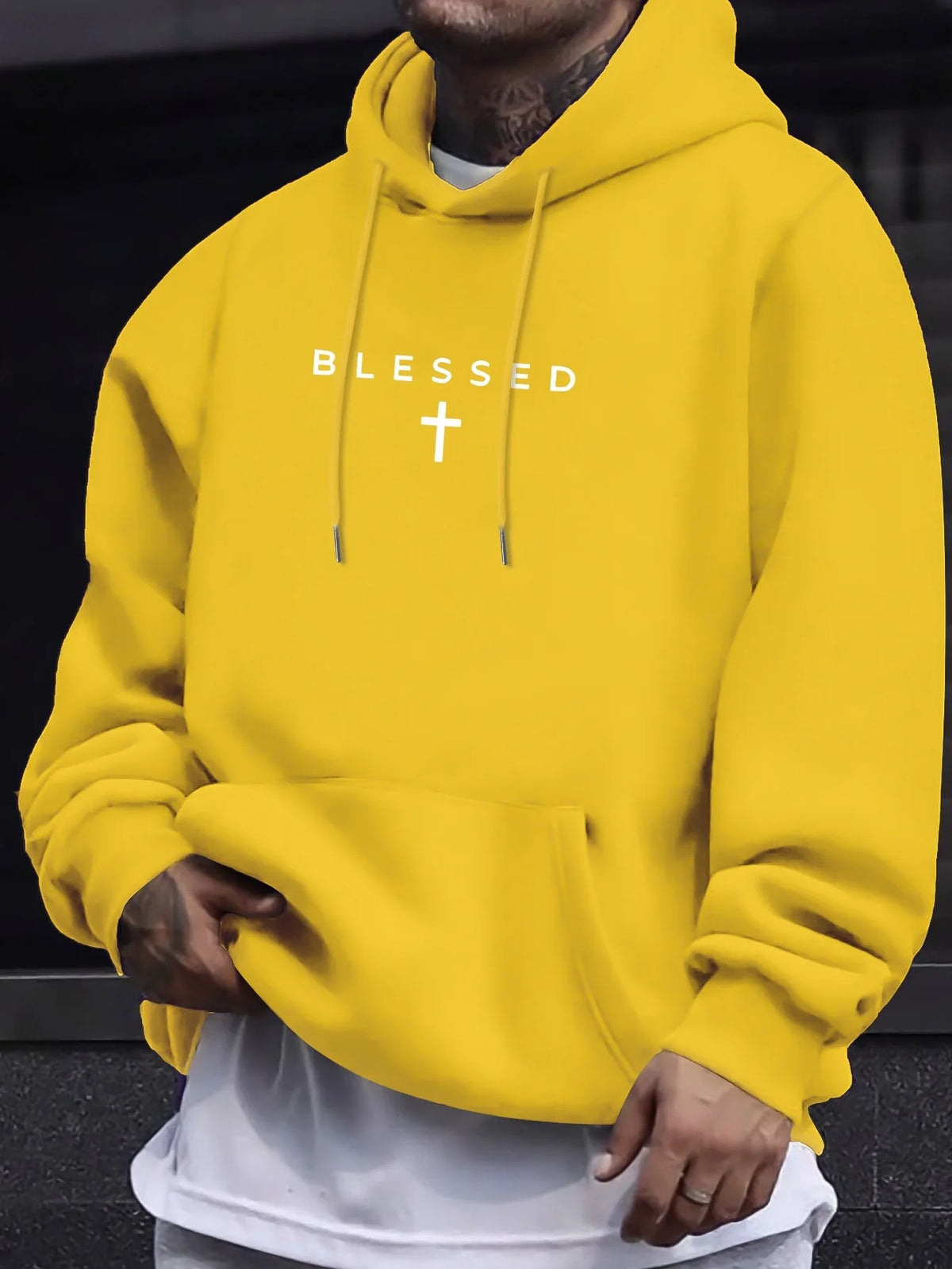 Men's Fall/winter Casual Comfortable Hooded Sweater with Blessing Cross Pattern and Geometric Designs in A Loose Fit.