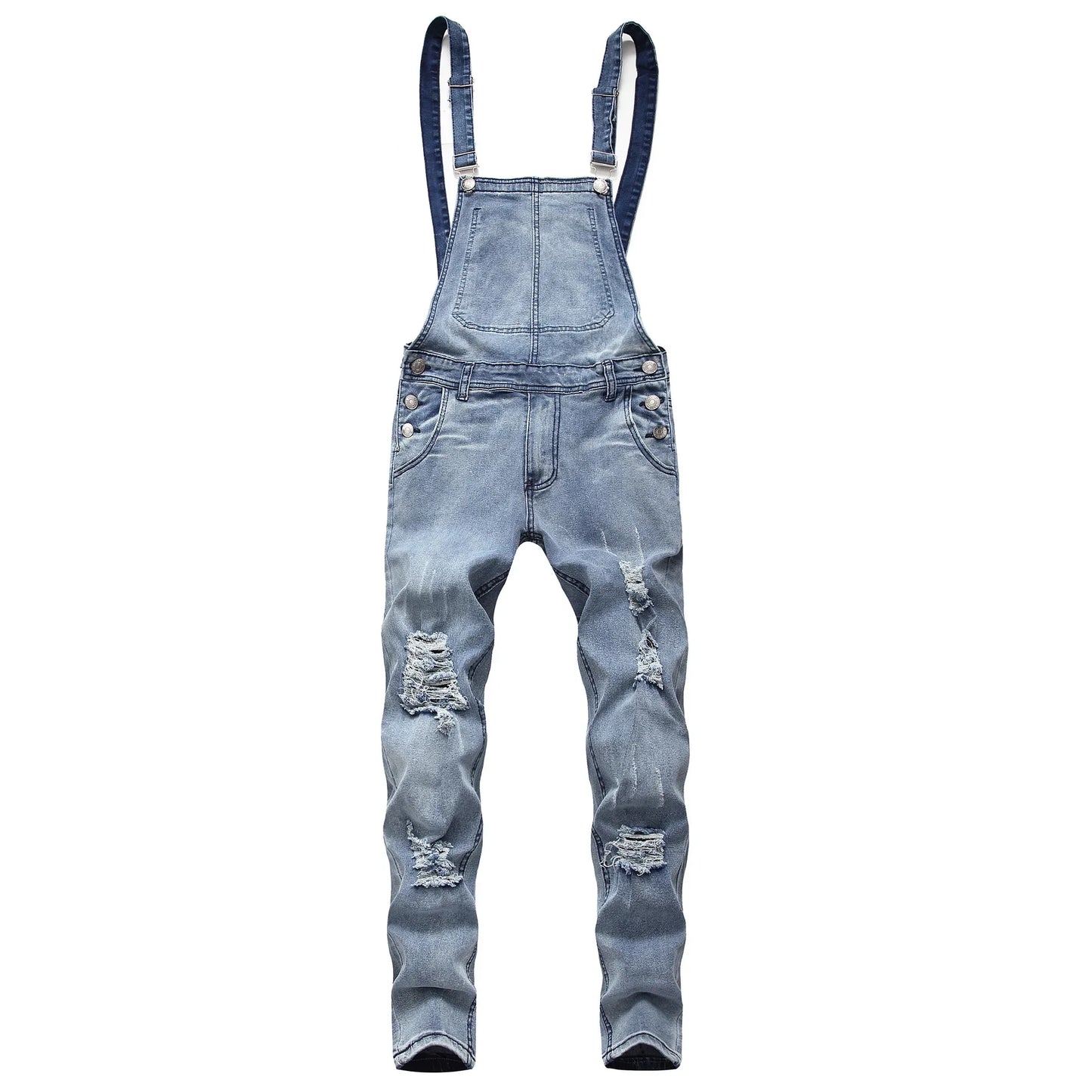 Men Jeans Jumpsuits Denim Overalls Distressed Pockets One Piece Pencil Pants Solid Washed Ankle Length Safari Style Spliced 2025