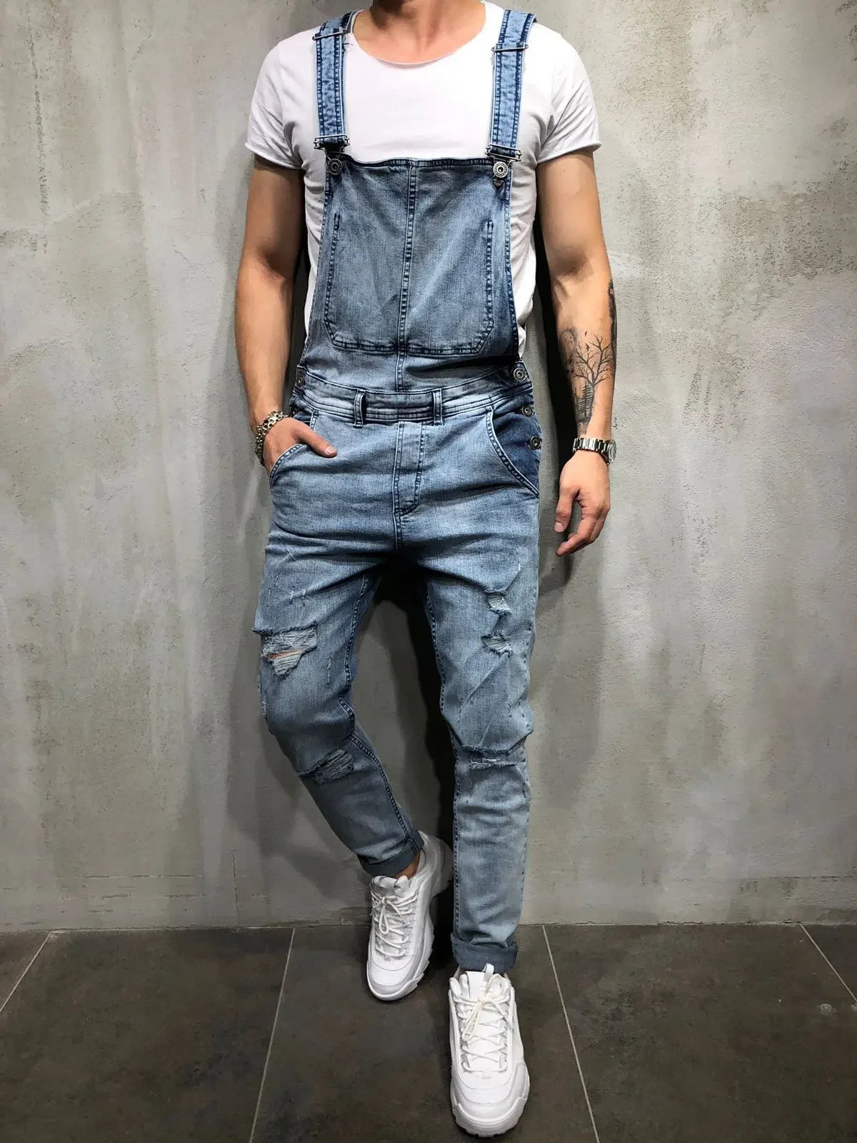 Men Jeans Jumpsuits Denim Overalls Distressed Pockets One Piece Pencil Pants Solid Washed Ankle Length Safari Style Spliced 2025