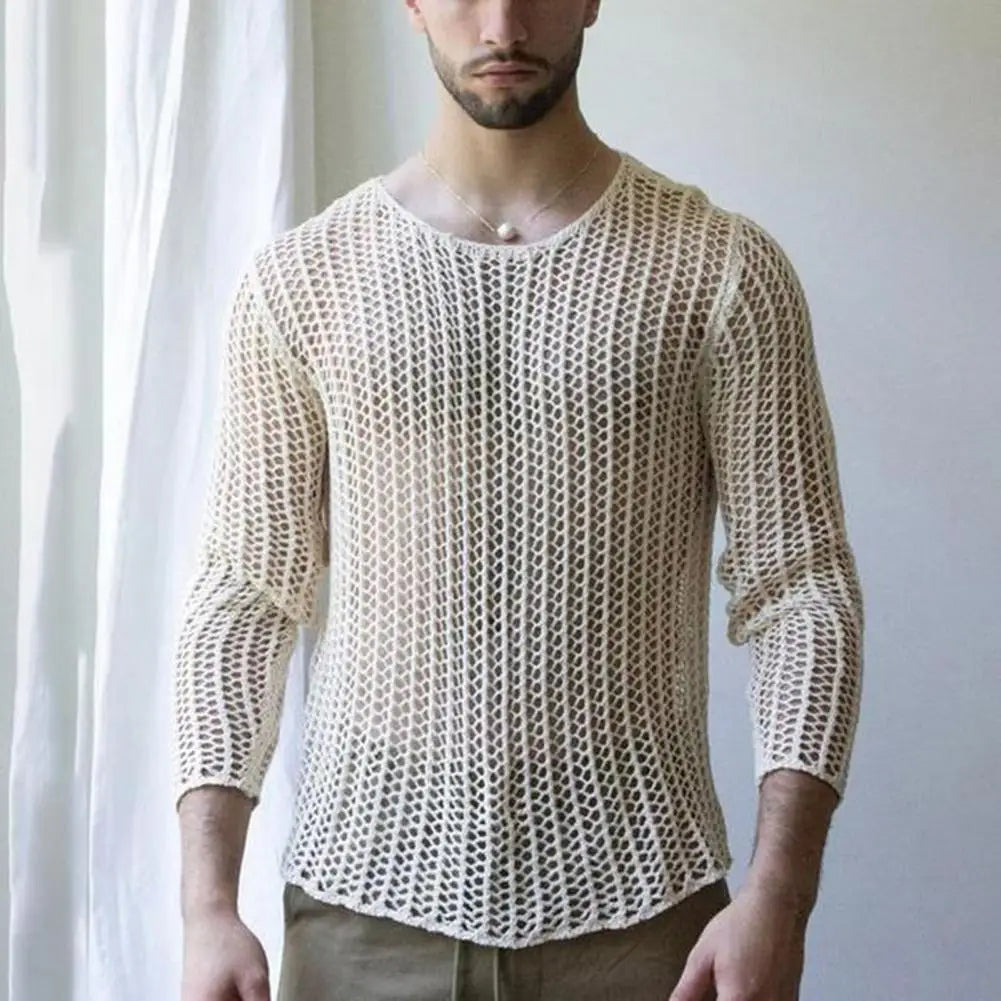 Knit Mesh Top Men Transparent Sexy See Through Men Long Sleeve Tee Streetwear Men's Clothing Fishnet Muscle Undershirts