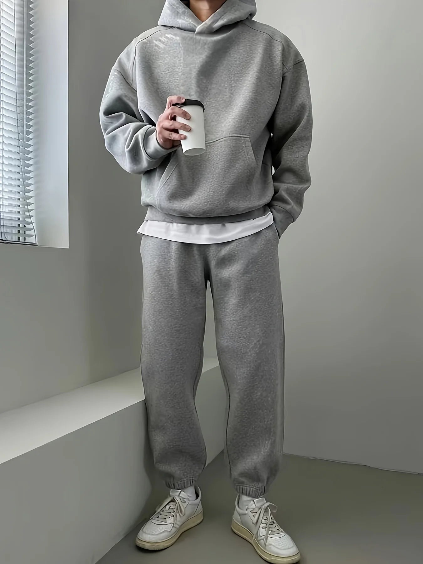 Men's fall/winter hoodie set! Thick fleece fabric, warm and breathable. Hood protects head from wind. Relaxed fit for mobility,