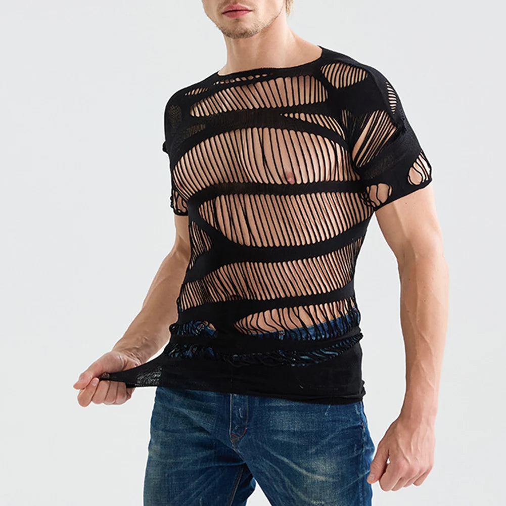 1pc Men Sexy Mesh Sheer Top Short Sleeve Mesh See Through Tops Hollow Out O-neck T-shirts Solid Color Underwear