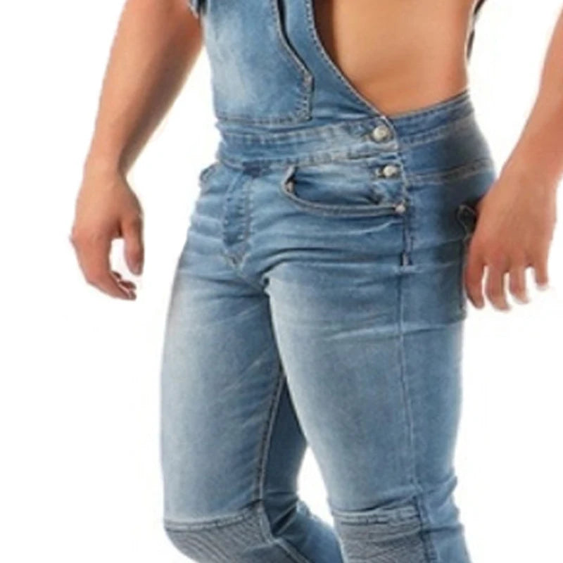 Kakan - New European and American Men's Suspender Jeans, Blue Black Torn Color Matching Jumpsuit Long Jeans K34-992