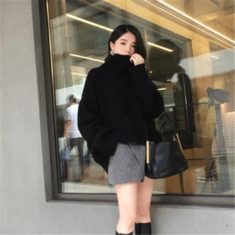 Women's Turtleneck Sweater Autumn Winter Korean Fashion Loose Black Long Sleeve Top Solid Color Simple Casual Women Pulovers