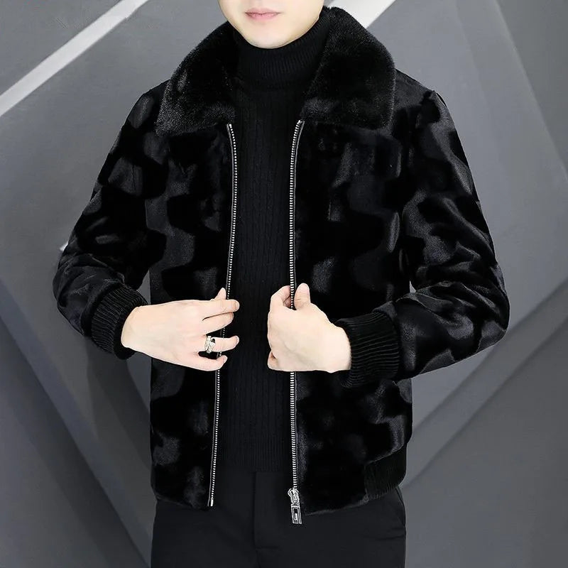 Men's Winter Faux Fur Coat High-End Zipper Thickened Warm Turn Down Collar Jacket Man Black Short Imitation Mink Hair Outwear