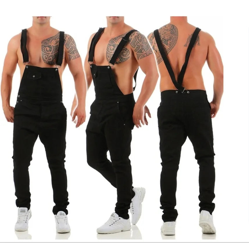 Kakan - New European and American Men's Suspender Jeans, Blue Black Torn Color Matching Jumpsuit Long Jeans K34-992