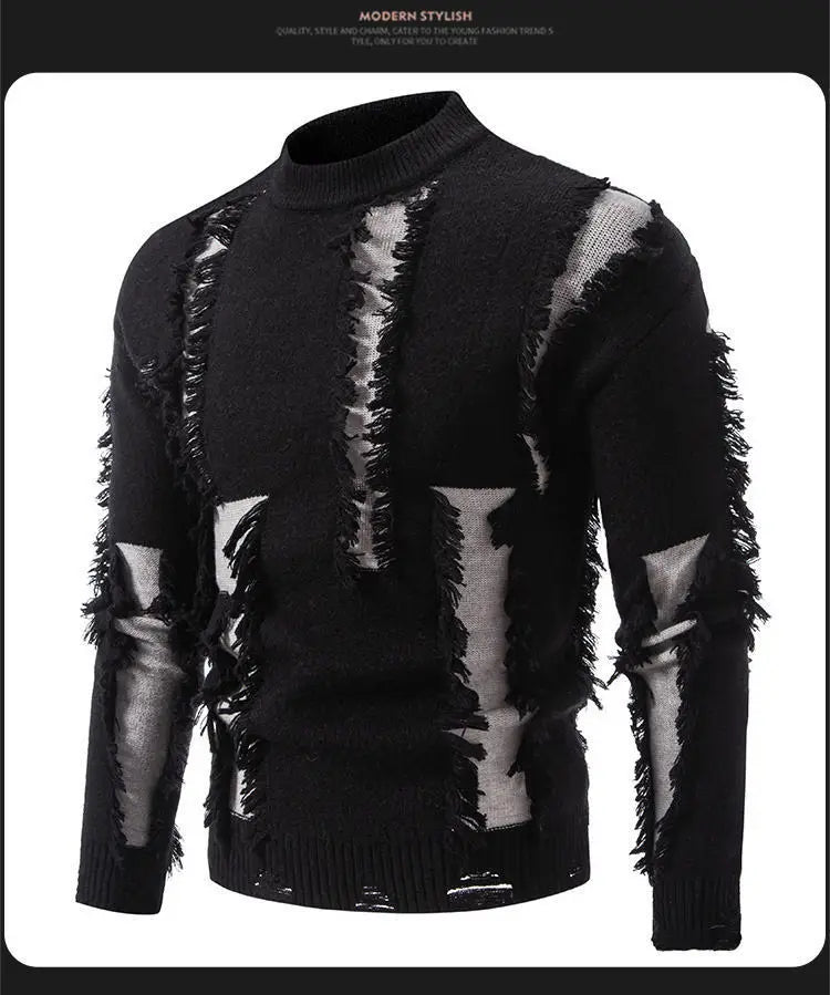 Fashion 2025 Autumn and Winter New Men's Sweater Color-blocked Ripped Round Neck Long Sleeve Base Shirt Knitted Sweater