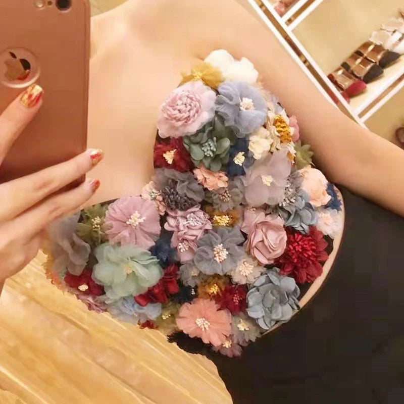 Women Sexy Flowers Spliced Bust Female Appligues Slip Vest Camis Bra Wrap Tops Female Bustier Tank Sweet Slim Crop Tops