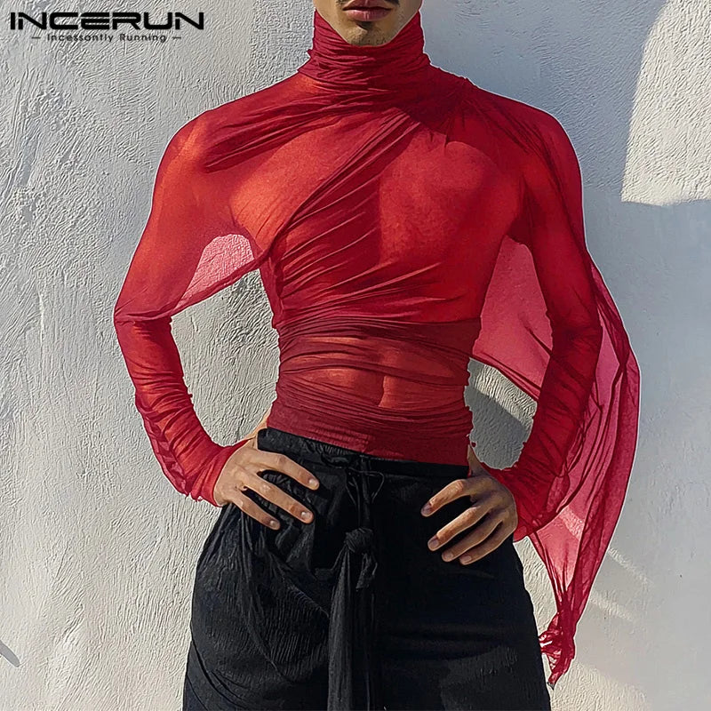 INCERUN Men See Through Solid Color Knitted T-Shirts Long Sleeve High Collar Camiseta Ruffled Edge Sexy Elegant Tops Fashion Top