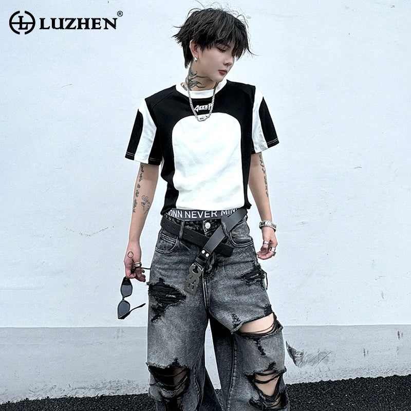 LUZHEN Color Contrast Patchwork Design Slim Fit Trendy Short Sleeve T Shirts Original Fashion New Men's Street Wear Tops LZ4412