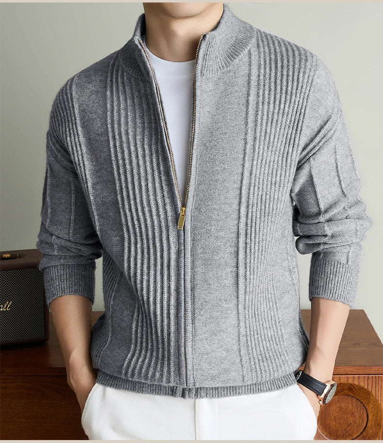 Luxury New Men's knitted sweater coat fashion jacquard zipper half high collar thicken warm soft comfort solid color cardigan