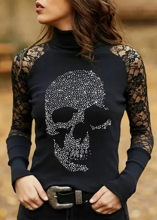 Zircon Skull Head Lace T-shirt Women Sexy Slim High Collar Long Sleeve Tee Female Gothic Black Tops