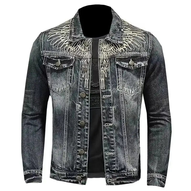 Men's retro denim jacket high street trendy embroidered lapel motorcycle jacket loose casual fashion versatile men's clothing