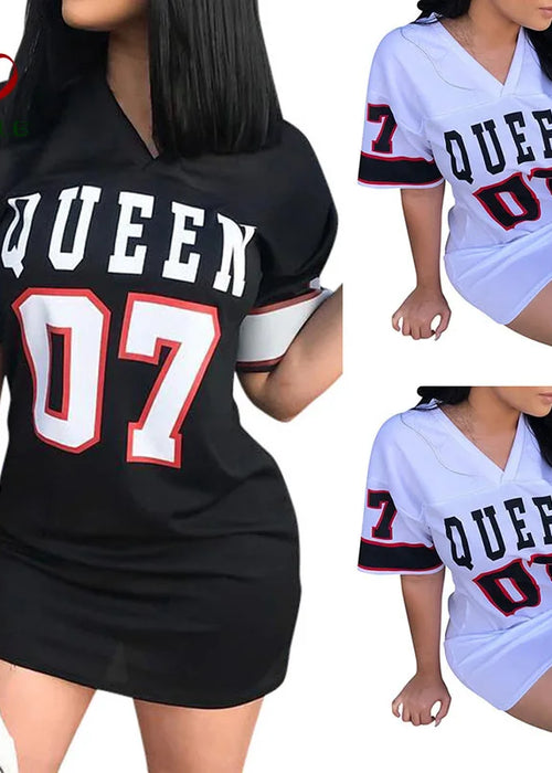 T Shirt Dress Women Short Dress Hip Hop Queen Printed Long T Shirt Loose V Neck Sexy Mini Dress Robe Camiseta Vestidos