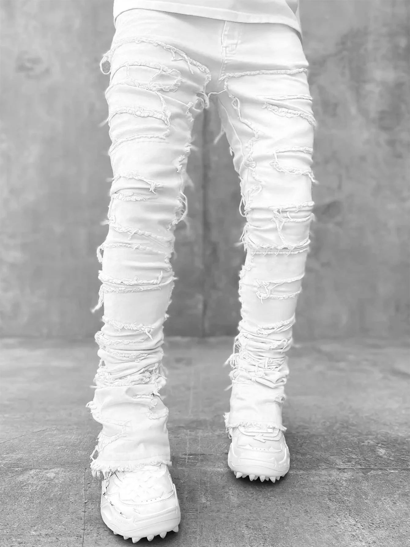 European and American street fashion ins hot style elastic patch denim straight-leg pants new men's fashion retro denim trousers