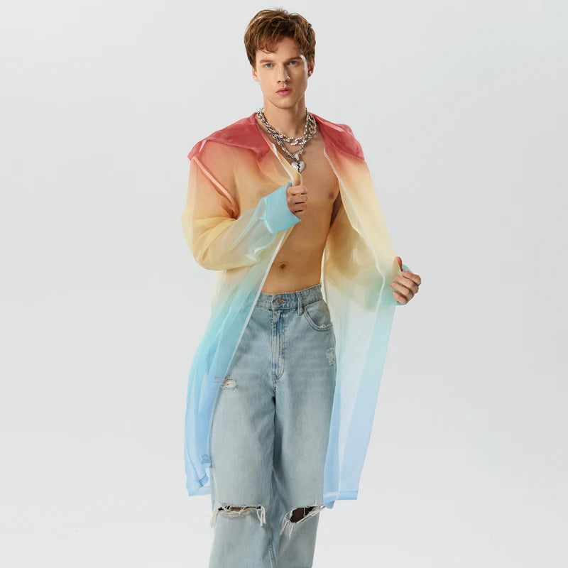 Men Trench Tie Dye Gradient Hooded Long Sleeve Transparent Open Stitch Casual Coats Streetwear Fashion Male Cardigan INCERU