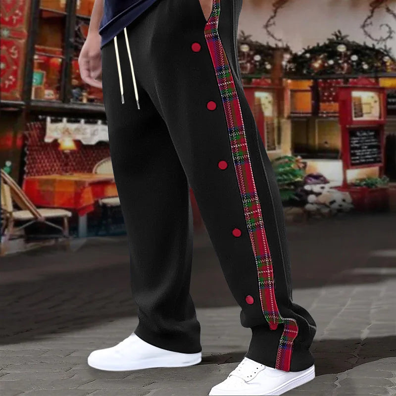 American New Men's Sports Pants Spring and Autumn Breasted Plaid Stitching Design Casual Pants Loose Straight Men's Sweatpants