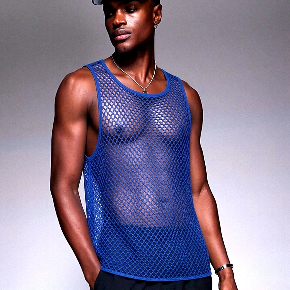 JOCKMAIL Men Tank Tops Mesh Hollow Out O-neck Sleeveless Male Vests Streetwear Summer Sexy See Through Fashion Men Clothing