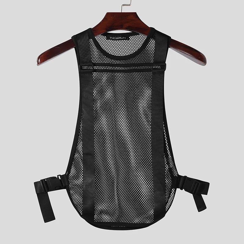 INCERUN Men's Tank Tops Mesh Transparent Solid Color O-neck Sleeveless Casual Male Vests Streetwear 2024 Fashion Men Clothing