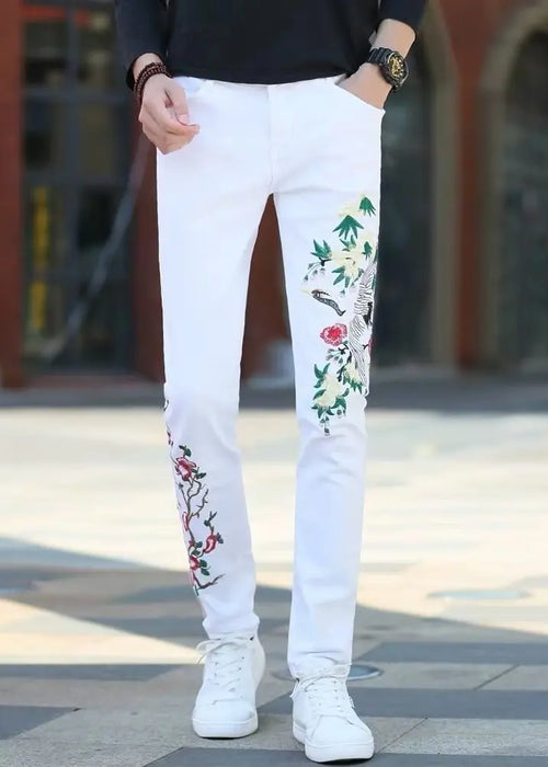 Denim Pants Men's Crane Embroidery White Denim Pants Washed Decor Casual Jeans Classic Slim-fit Style Long Trousers Male Clothin