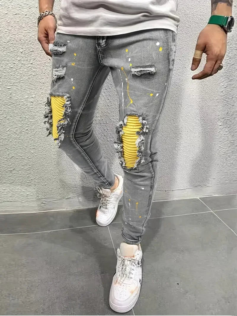 Men's Casual Creative Street Style High Stretch Paint Splatter Ripped Design Slim Fit Jeans Denim Pants For Spring Summer