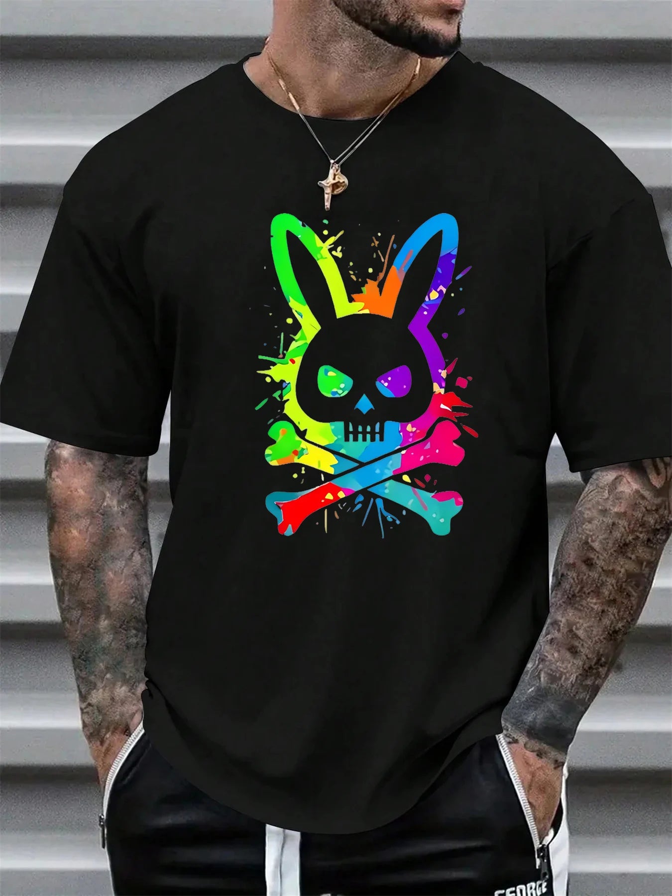 Men's summer 100% pure cotton fashionable casual loose color skull and rabbit print sports round neck short sleeved T-shirt top