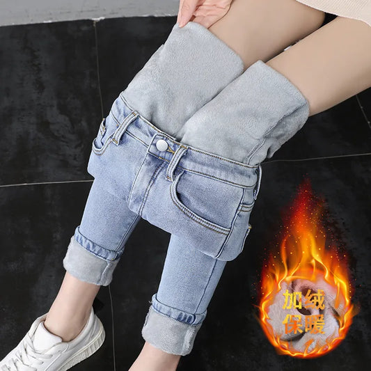 Trend Women High Waist Thermal Women's Jeans Winter Warm Plush Lined Denim Pants Leggings Blue Black Female Pants Trousers