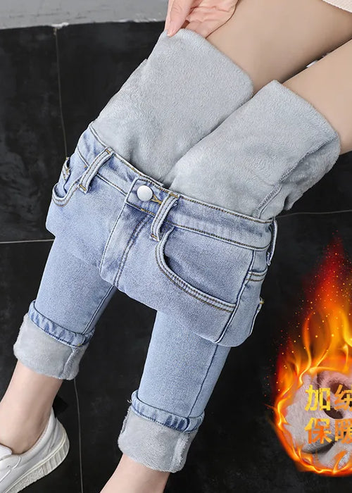 Trend Women High Waist Thermal Women's Jeans Winter Warm Plush Lined Denim Pants Leggings Blue Black Female Pants Trousers