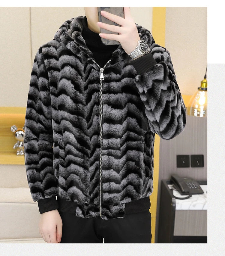 2022 Winter Faux Fur Mink Jackets Men Thicken Warm Imitation Fur Hooded Coat Slim Casual Business Social Jackets Men Clothing
