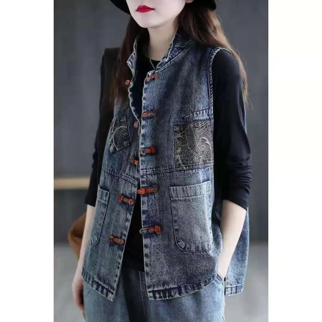 Women's Denim Vest Cotton Spring and Summer Short Plus Size Vest Chinese Style Retro Korean Fashionable Sleeveless Jacket Women