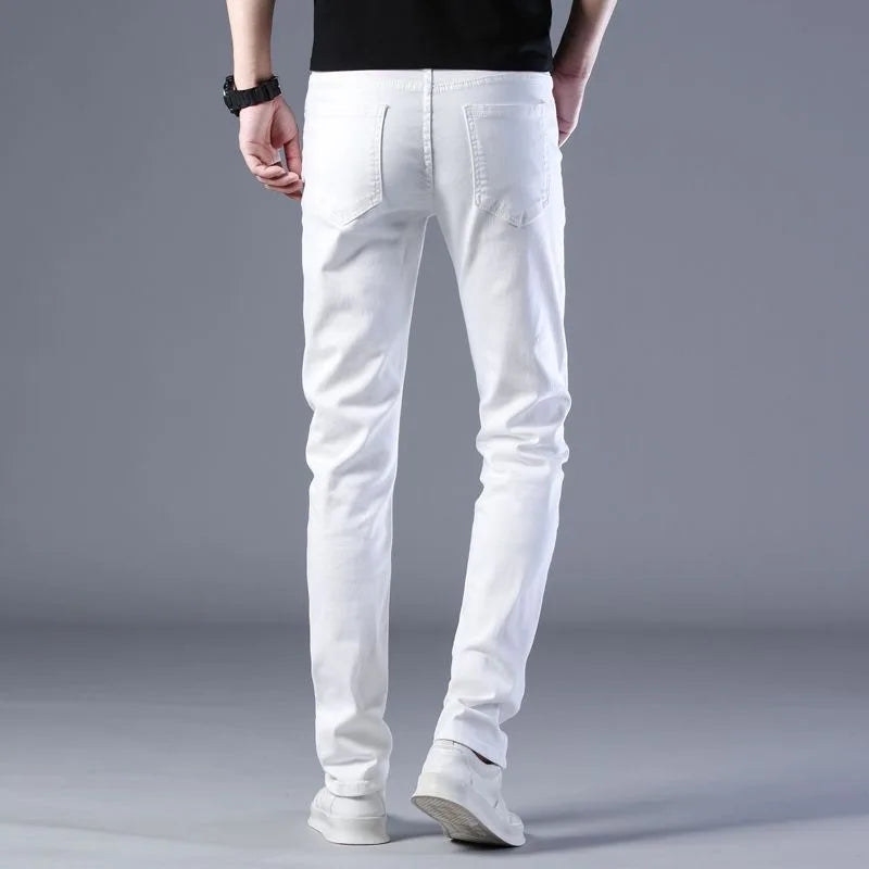 2024 Spring and Autumn New Fashion Trend White Elastic Denim Pants Men's Casual Slim Comfortable Breathable Small Legs 28-38