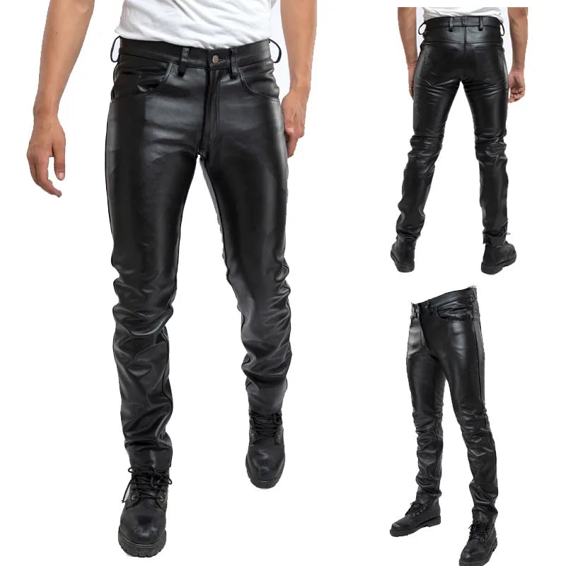 Men Leather Pants Slim PU Leather Trousers Fashion Elastic Motorcycle Leather Pants Waterproof Oil-Proof Male Bottoms