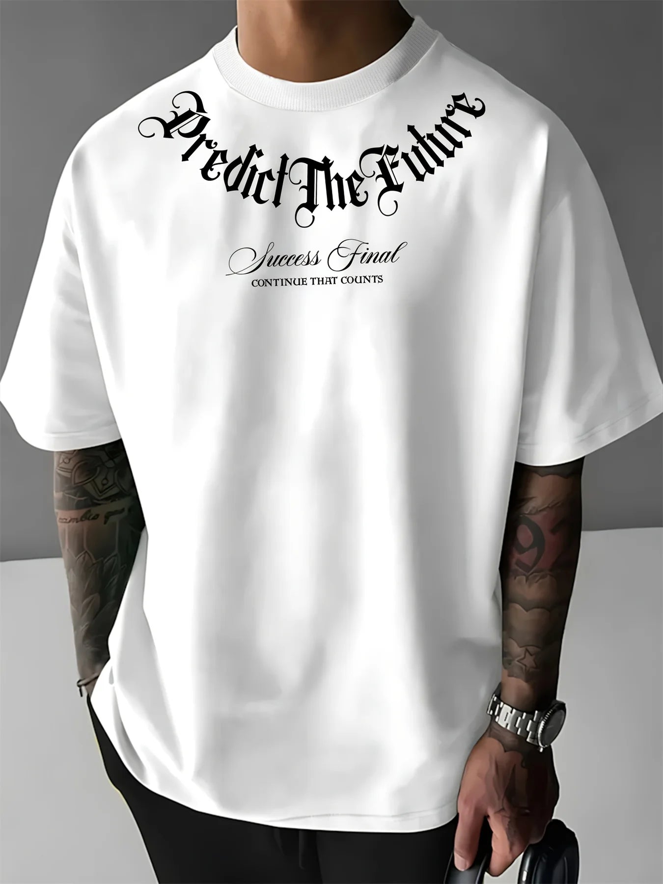 Summer men's 100% cotton comfortable casual wide plus size prediction for future letter printed round neck short sleeved T-shirt