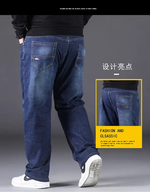 Men's Large Size Jeans Elastic Band NO 40  Oversize High Waist Loose Pant Husband Plus Size Fat Loose Black Male Denim Trouser