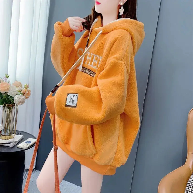 Autumn Winter Women's Jacket Fur Hoodies Sportswear Sweatshirts Y2k Harajuku Loose Warm Tops Korean Fashion Coats