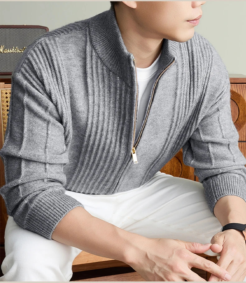 Luxury New Men's knitted sweater coat fashion jacquard zipper half high collar thicken warm soft comfort solid color cardigan