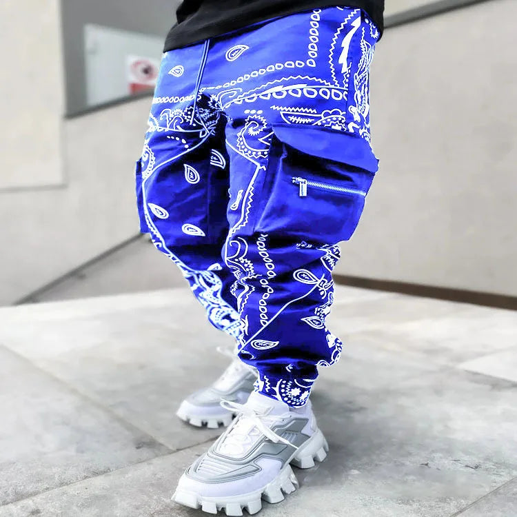 New Men's Cargo Pants Trend Printed Loose Hip Hop Fashion Street Wear Big Pocket Overalls Men Bright Color Four Seasons Trousers