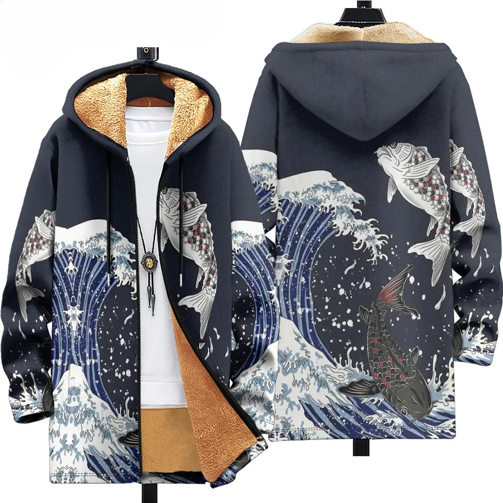 Men Cardigans Coats Wave Art Graphics Printed Japanese Style Plush Thick Winter Jackets Casual Streetwear for Unisex Clothing