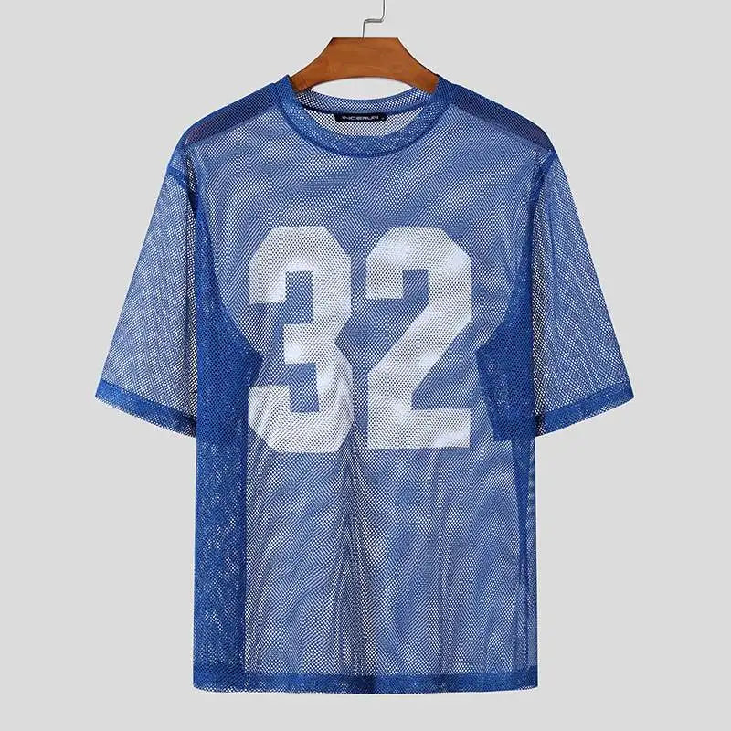 INCERUN Men T Shirt Mesh Transparent Printing O-neck Short Sleeve Sexy Men Clothing Streetwear Summer 2024 Fashion Male Tee Tops