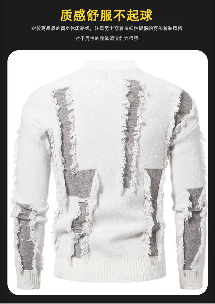 Fashion 2025 Autumn and Winter New Men's Sweater Color-blocked Ripped Round Neck Long Sleeve Base Shirt Knitted Sweater