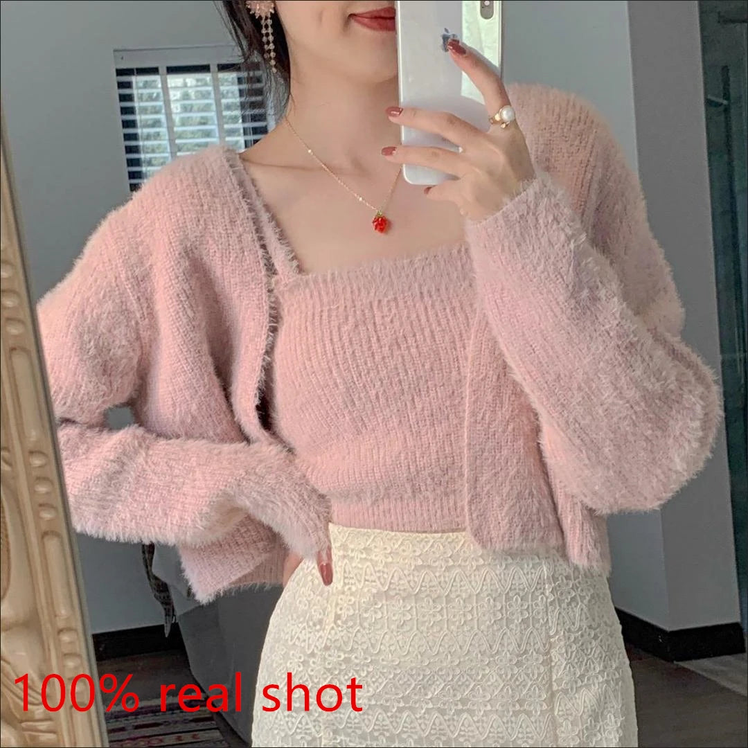 Two-piece Korean Women's Winter Jacket Cardigan Autumn Camisole Knitted Vest With Long Sleeve Cardigan Women Sweater Suits