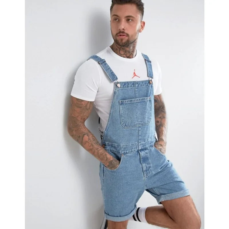 Wepbel One-Piece Working Bib Top Pants Denim Retro Jeans Overalls Summer Men's Denim with Hole Shorts Suspender Shorts Jeans