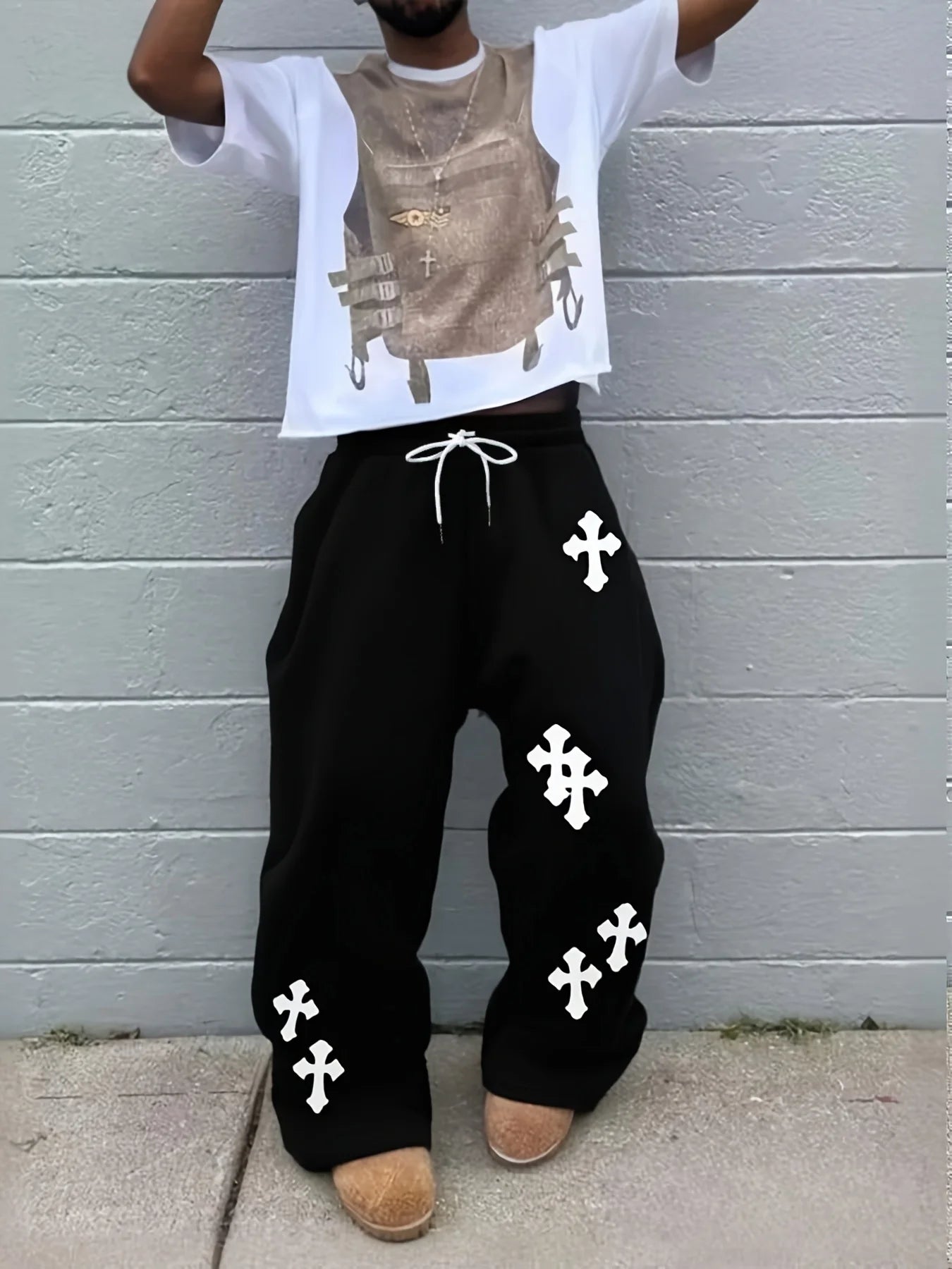2026 Fashion Men's Black Wide Leg Pants Large White Cross Print Street Hip-Hop Pants Loose Casual Jogging Outdoor Pants Gothic