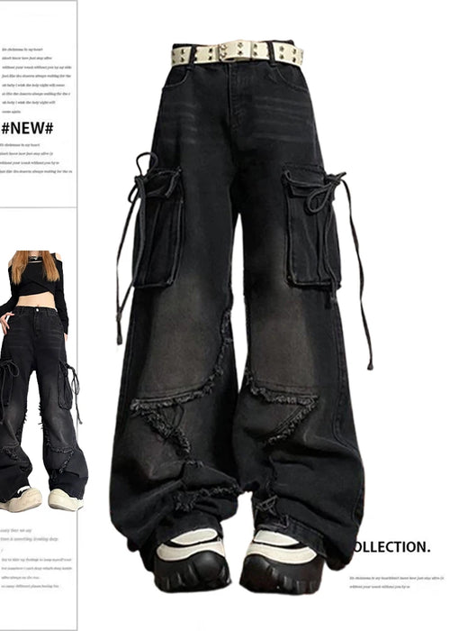 Women's Black Gothic Baggy Cargo Jeans with Star Harajuku Y2k 90s Aesthetic Denim Trousers Emo 2000s Jean Pants Vintage Clothes