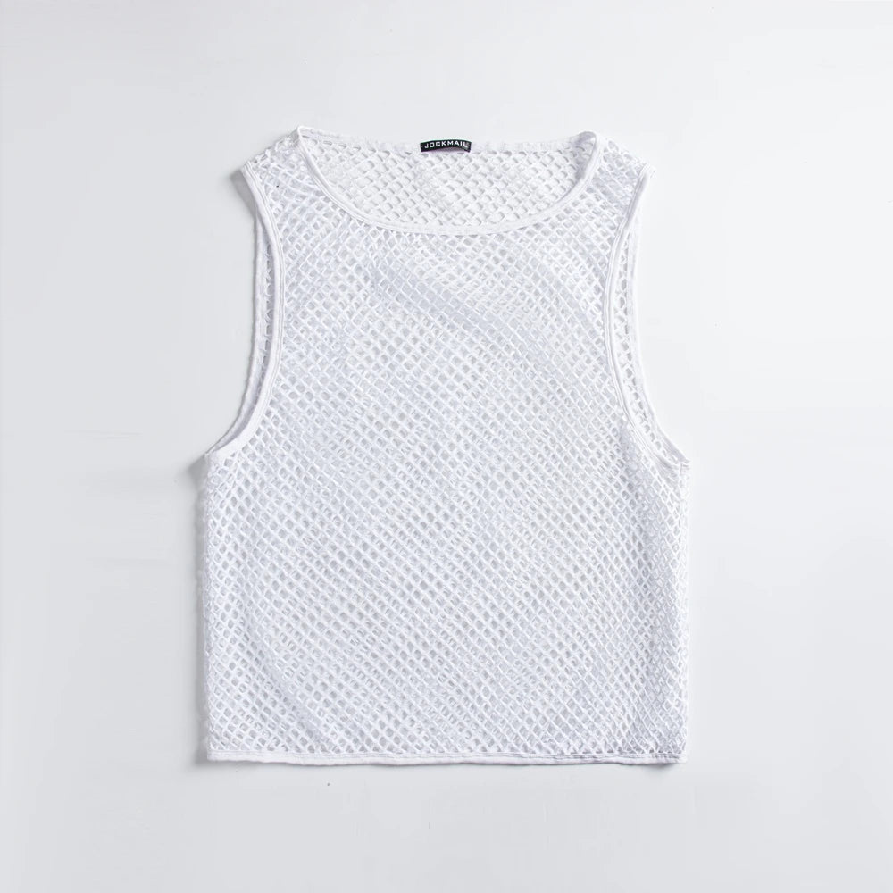 JOCKMAIL Men Tank Tops Mesh Hollow Out O-neck Sleeveless Male Vests Streetwear Summer Sexy See Through Fashion Men Clothing