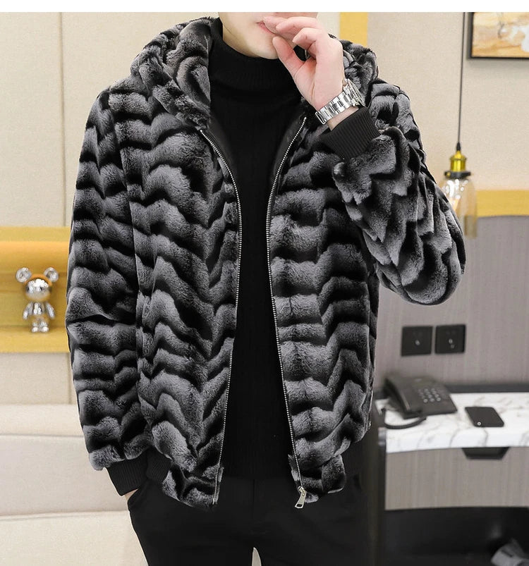 2022 Winter Faux Fur Mink Jackets Men Thicken Warm Imitation Fur Hooded Coat Slim Casual Business Social Jackets Men Clothing