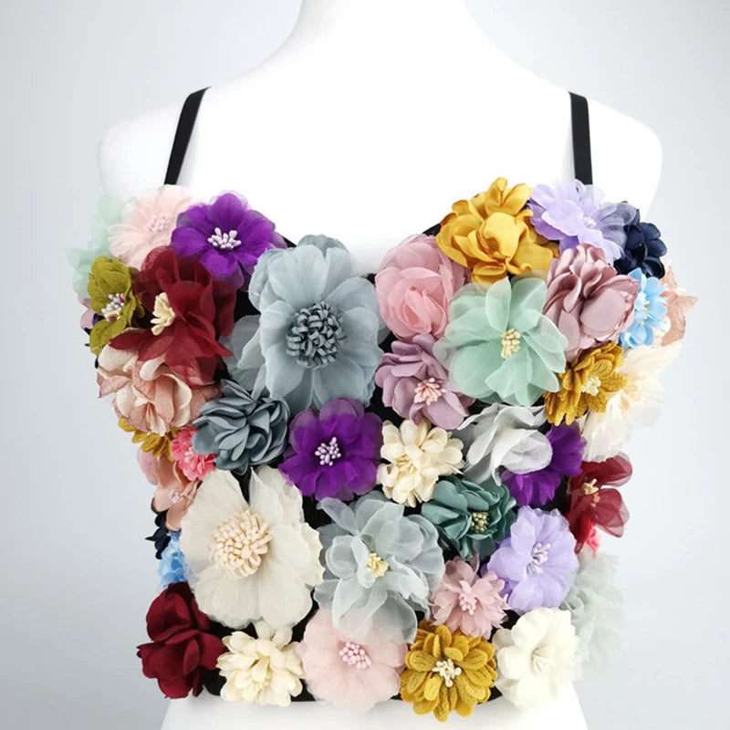 Women Sexy Flowers Spliced Bust Female Appligues Slip Vest Camis Bra Wrap Tops Female Bustier Tank Sweet Slim Crop Tops