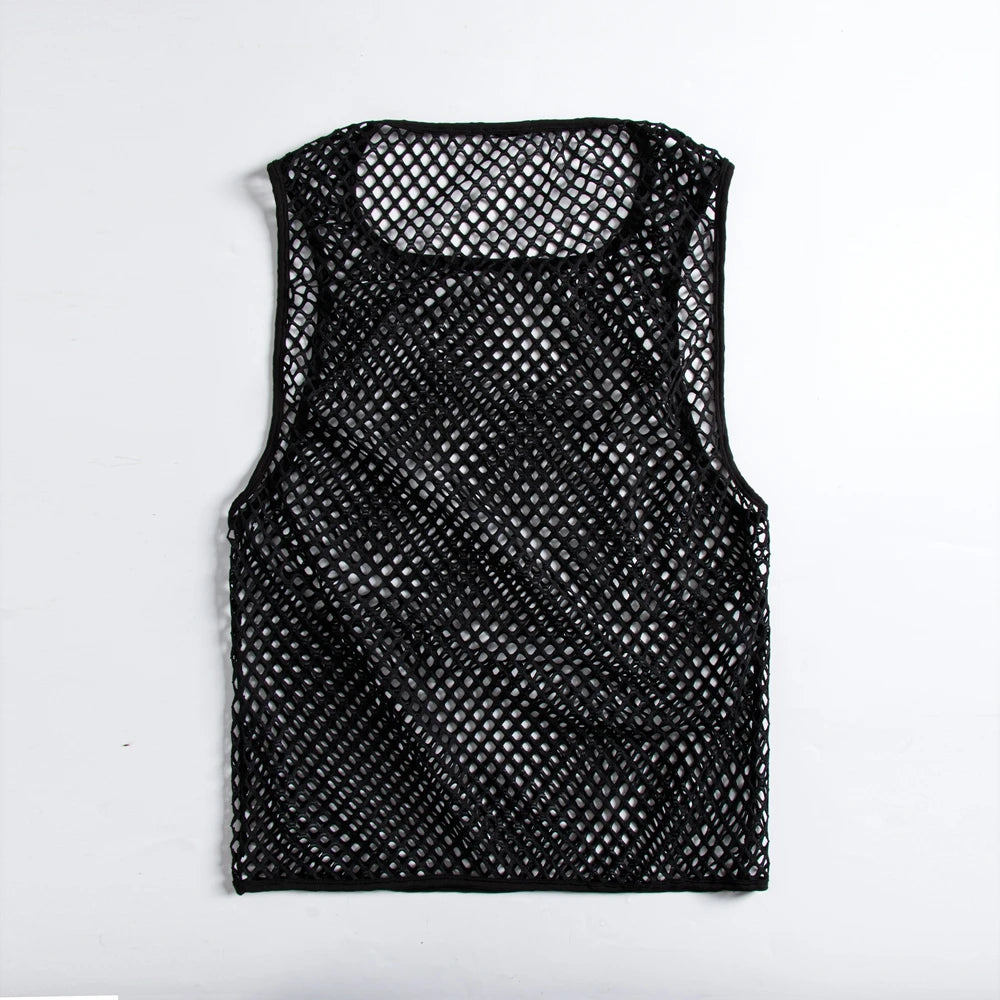 JOCKMAIL Men Tank Tops Mesh Hollow Out O-neck Sleeveless Male Vests Streetwear Summer Sexy See Through Fashion Men Clothing