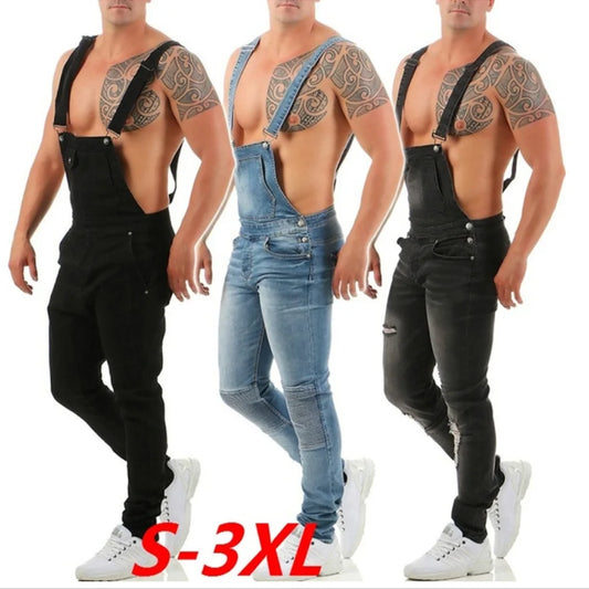 Men Jeans Jumpsuits Denim Pencil Pants Overalls Solid One Piece Washing Cargo Pockets Mid Waist Streetwear Ankle Length Slim