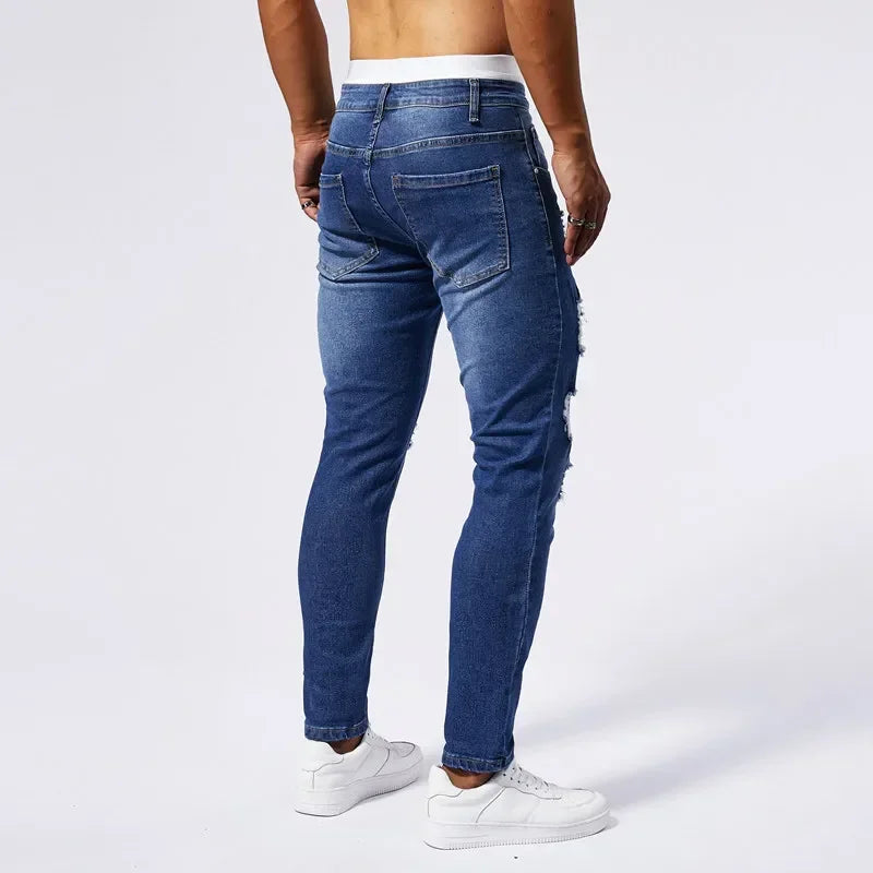 Jeans Ripped Patchwork Men's Blue Elastic Slim Straight Denim Pants Fashion Joggers Biker Trousers Hip Hop Rock Streetwear